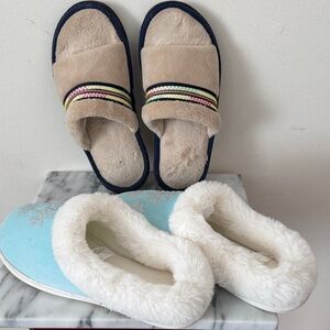 Isotoner Beige Slide Slippers with Trim + charter club Blue Faux-Fur Slippers